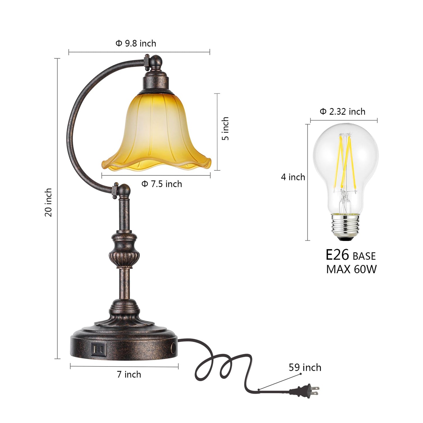 RORIA Touch Farmhouse Table Lamp for Living Room with USB C+A Ports