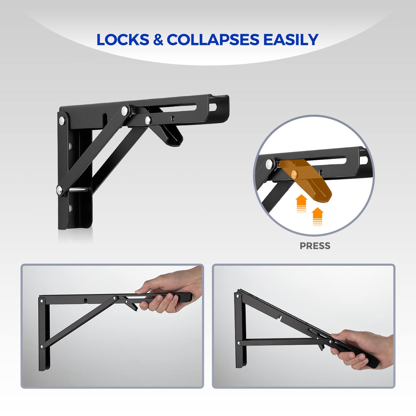 Ravinte 10 Inch Folding Shelf Brackets - Matte Black Collapsible Heavy Duty Brackets for Table Bench - Space Saving, 2 Pack 