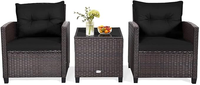 HAPPYGRILL 3 Pieces Patio Conversation Set, Outdoor Furniture Set PE Rattan