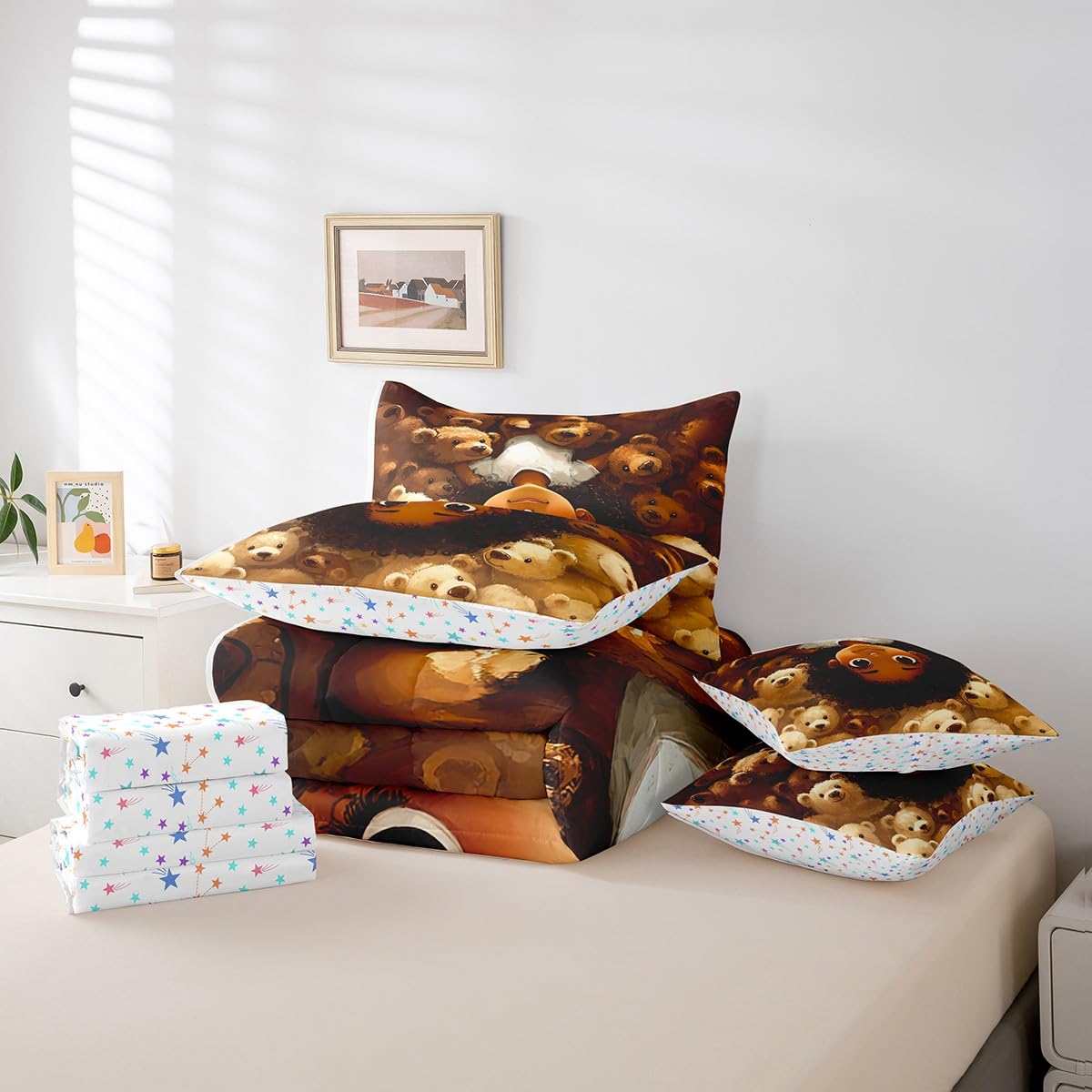 jejeloiu Kids Cute Black Girl Comforter Set 7 Pieces Full Size African American Girl Bedding Set for Boys Girls Bear Bed in a Bag with Comforter, Sheets, Pillowcases & Cushion Covers(No Glitter)