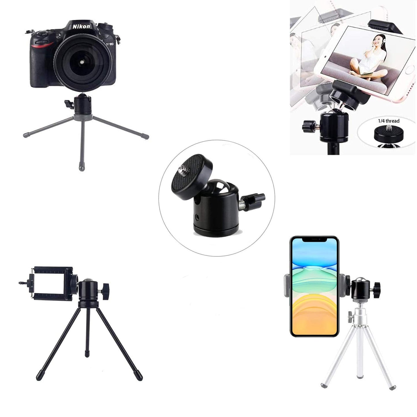 Universal 1/4" Swivel Mini Ball Head Screw Tripod Mount(2 Pack), EszkozTA360 Degree Rotating Mount Base Adapter for DSLR Cameras HTC Vive Tripods Monopods Camcorder Light Stand…