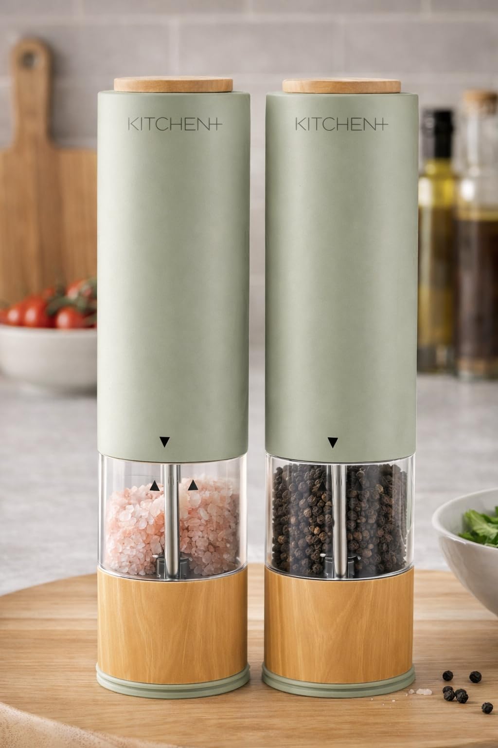 Living+ Electric Salt and Pepper Grinder Set – Automatic Battery Salt & Pepper Mills with Adjustable Grind, Built-In Light, Sleek Matte + Wood Trim Design, Easy Refill, Durable Ceramic Spice Grinder