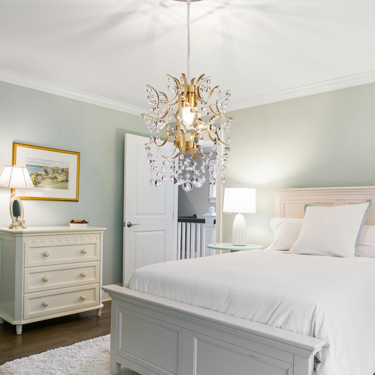 AGV LIGHTING Mini Crystal Chandelier, Modern Gold Brass Pendant Light with Hanging Crystal Beads, Elegant Small Chandelier Lighting Fixture for Dining Room, Bedroom, Kitchen Island, Hallway, Entryway