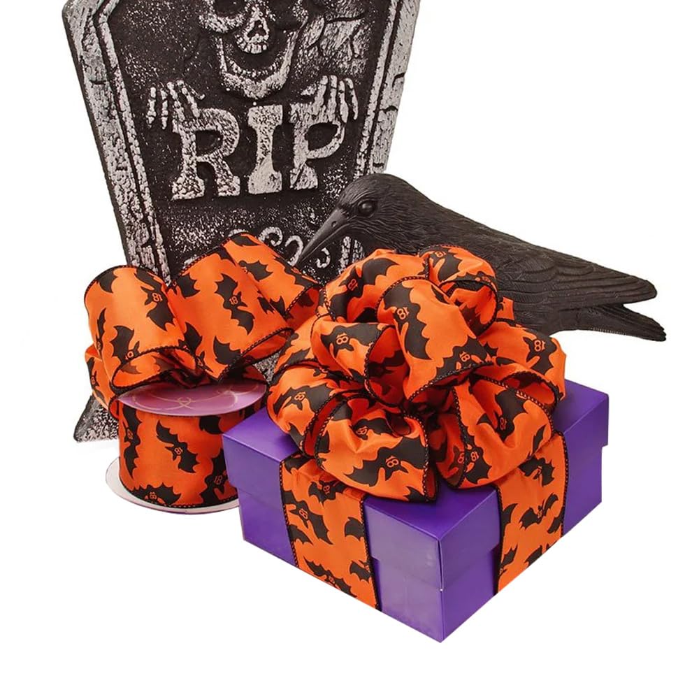 Cute Bats Halloween Wired Ribbon - 2 1/2" x 10 Yards, Orange & Black, Bows, Wreath, Decoration, Fall, Gift Wrapping