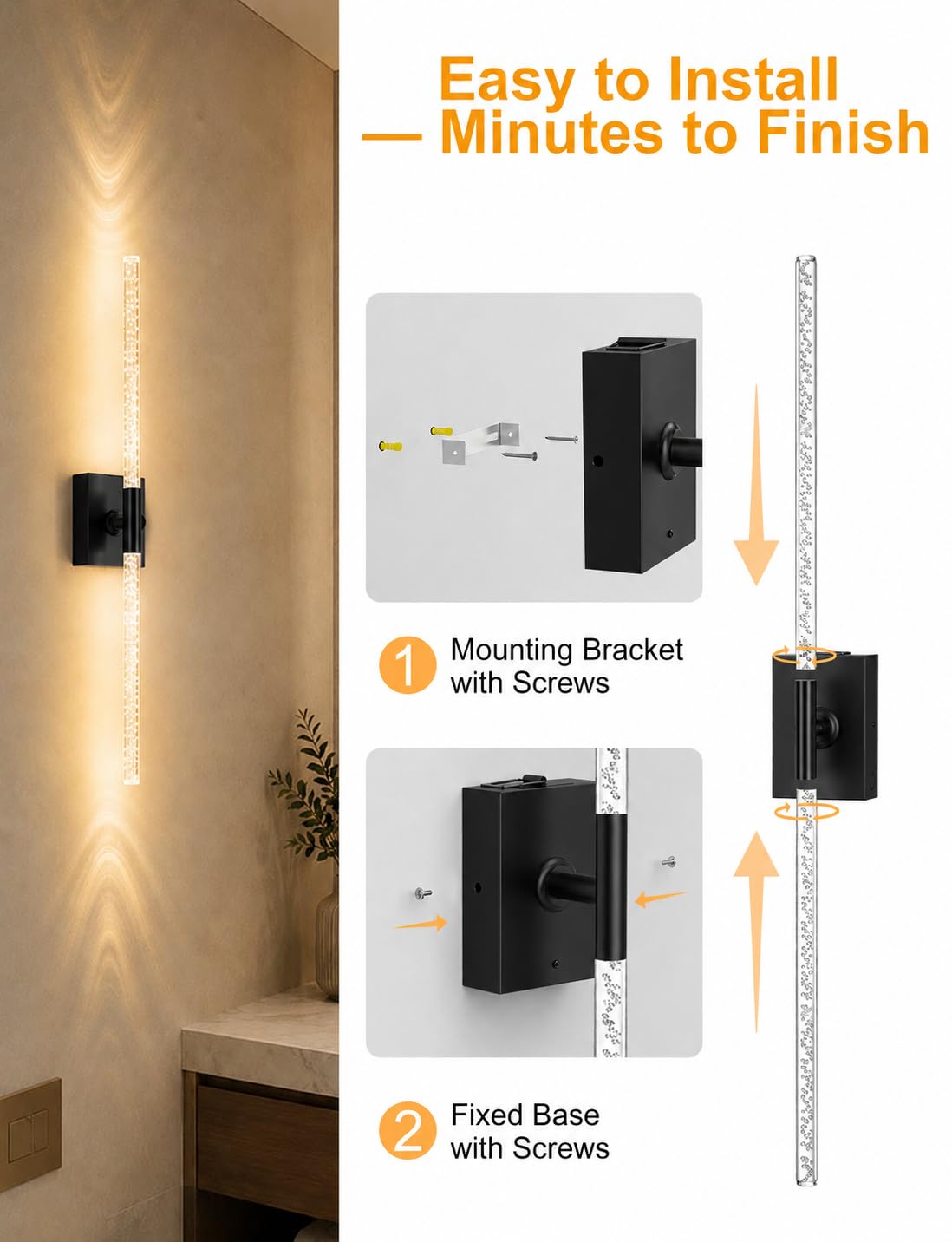 Crystal Bubble Battery Operated Wall Sconces Set of 2: 10000mAh Rechargeable Wall Lights with Remote, 360° Rotate 4CCT Modern Wireless Wall Lighting for Hallway Bathroom Bedroom Living Room Mirror