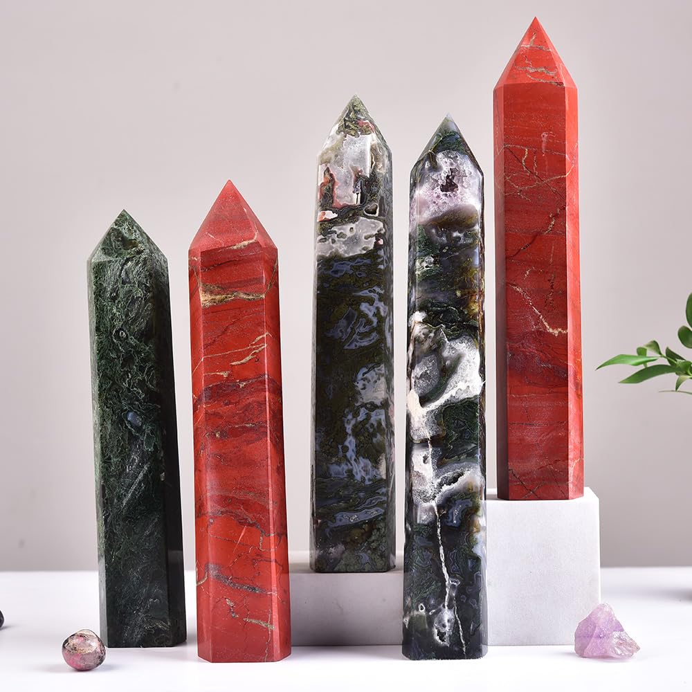 MOGEMT Moss Agate Crystal Tower 10-12 inch Large Healing Crystal Point Obelisk Reiki Energy Meditation Decoration Gift