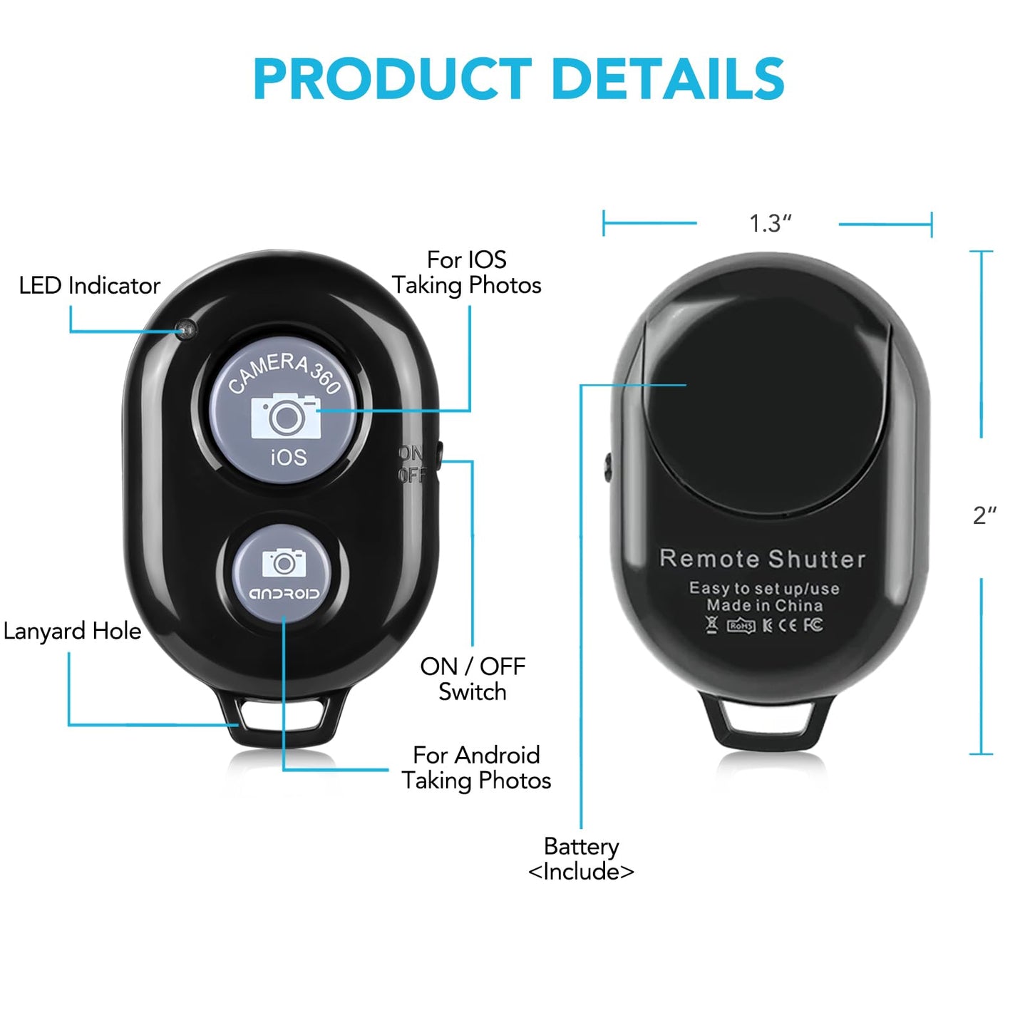 2 Pack Wireless Camera Remote Control - Wireless Remote for iPhone & Android Phones iPad iPod Tablet, Clicker for Photos & Videos, Wrist Strap Included