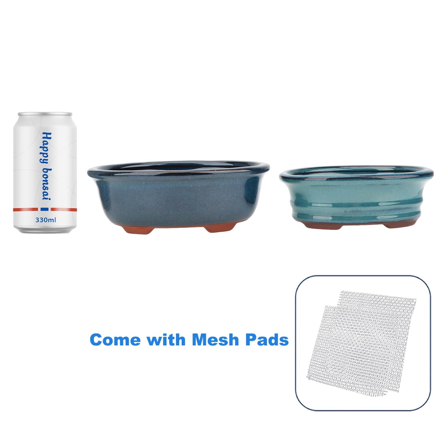 Bonsai Planter Succulent 5.7" 7" Glazed Pots, Value Set of 2 + 4 Soft Mesh Drainage Screens
