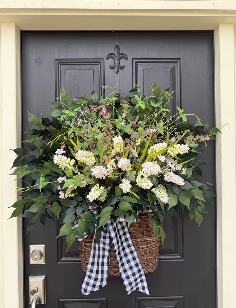 Wildflower Basket for Front Door, Hyacinth Cottage Basket Wreaths