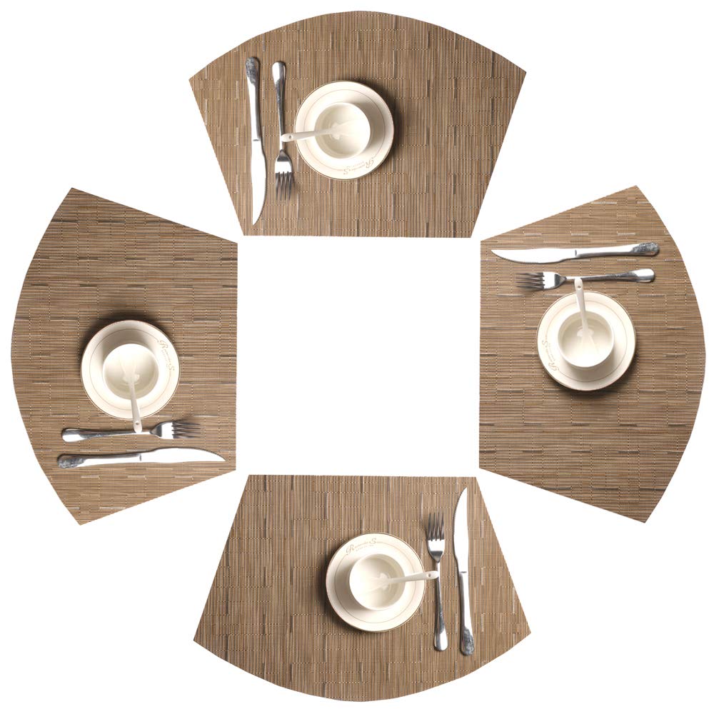 SHACOS Round Table Placemats Set of 4 Wedge Shape Woven Vinyl Place Mats Heat Resistant Wipe Clean Round Table Mats Home Table Decor (4, Tan)