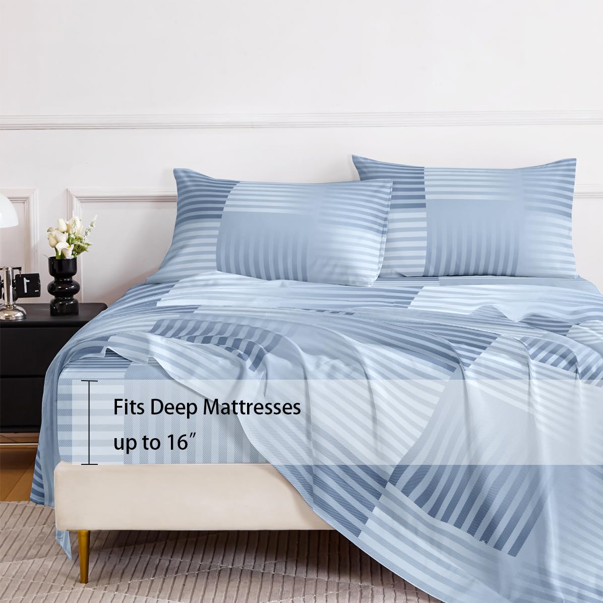 HCORA Striped Queen Sheet Set, Ultra Soft Double Brushed Microfiber Bed Sheets, Deep Pocket, Breathable, Wrinkle Resistant, Easy Care, 4PC, Queen Size