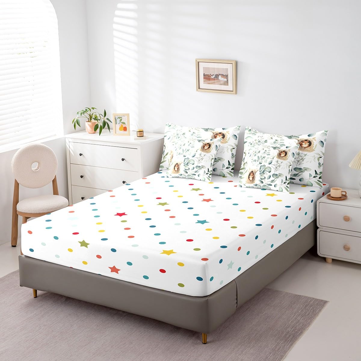Erosebridal Kawaii Squirrel Bedding Comforter Sets 7pcs for Boys Girls Cartoon Animal Bed in a Bag, Eucalyptus Leaves King Bedding Sets Jungle Wildlife Comforter Set, Tropical Botanical Bedding Sets