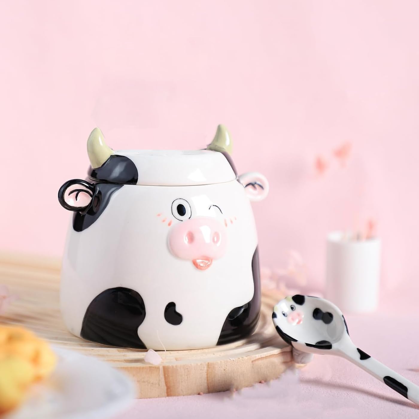 Bicuzat Cute Cow Pattern Ceramic Sugar Bowl, Cow Shaped Salt Bowl with Lid Spoon Set, 15 OZ