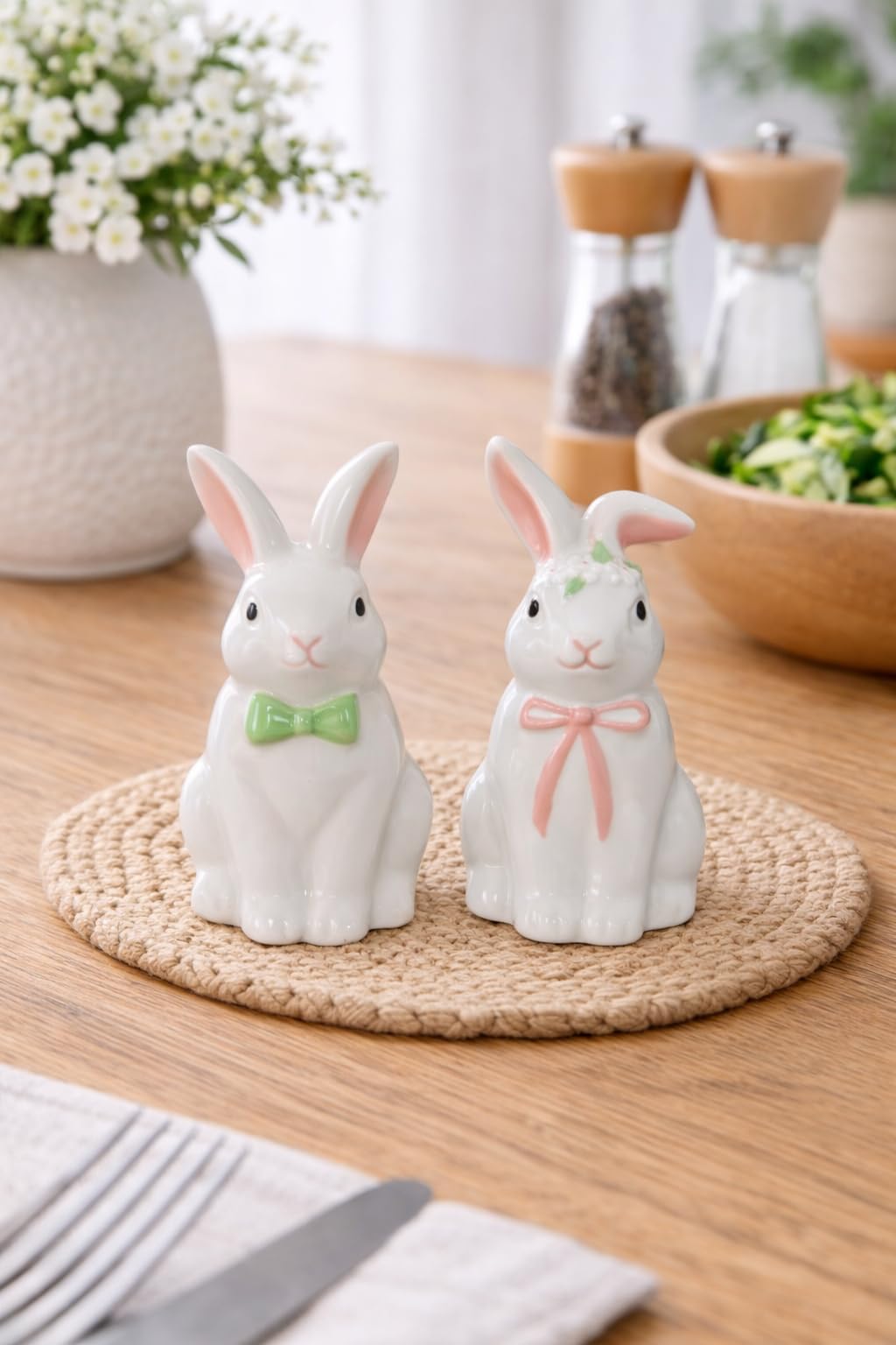 The Bridge Collection Ceramic Bunny Salt And Pepper Shaker Set – White Rabbit Shakers With Pink And Green Bow Details – Easter Table Decor And Spring Kitchen Accent