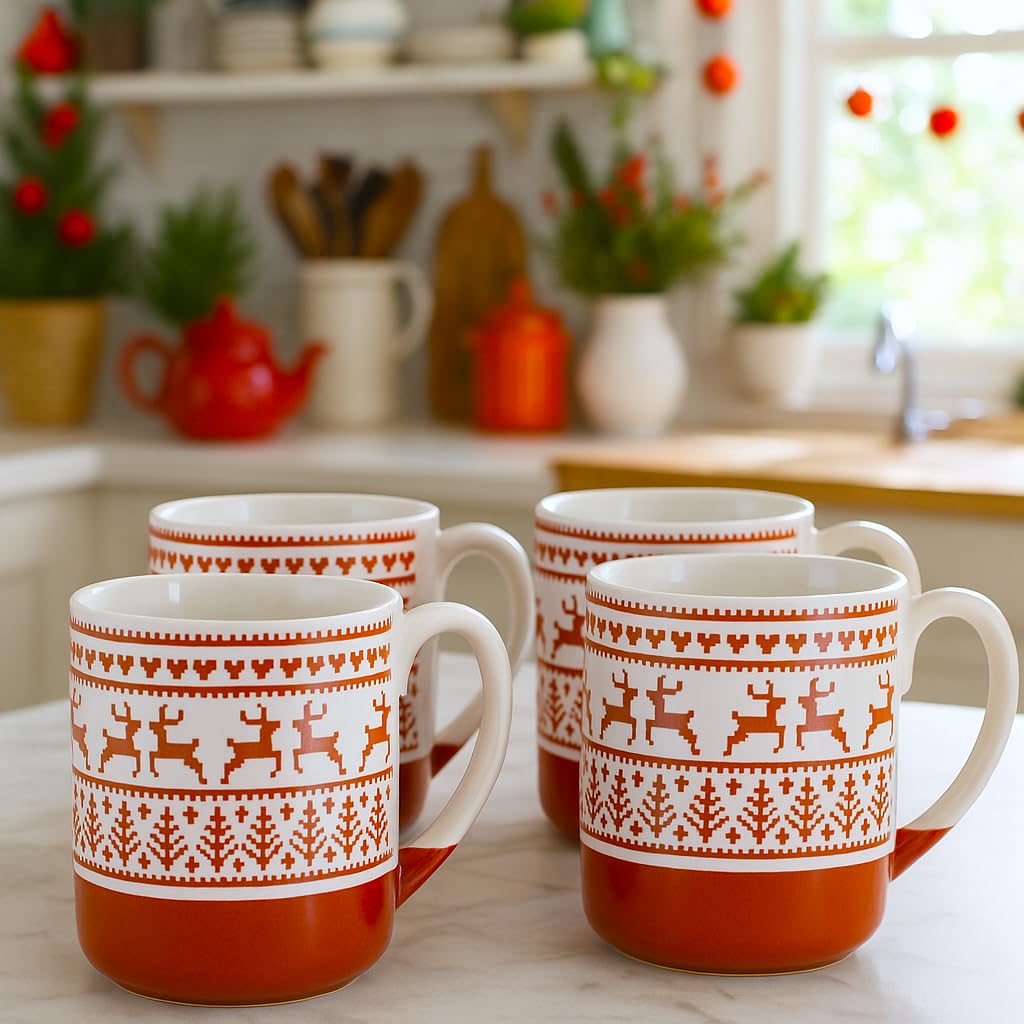 10 Strawberry Street Embossed Reindeer Ceramic Mug, Set of 4 (Red), S4MUG-XMAS