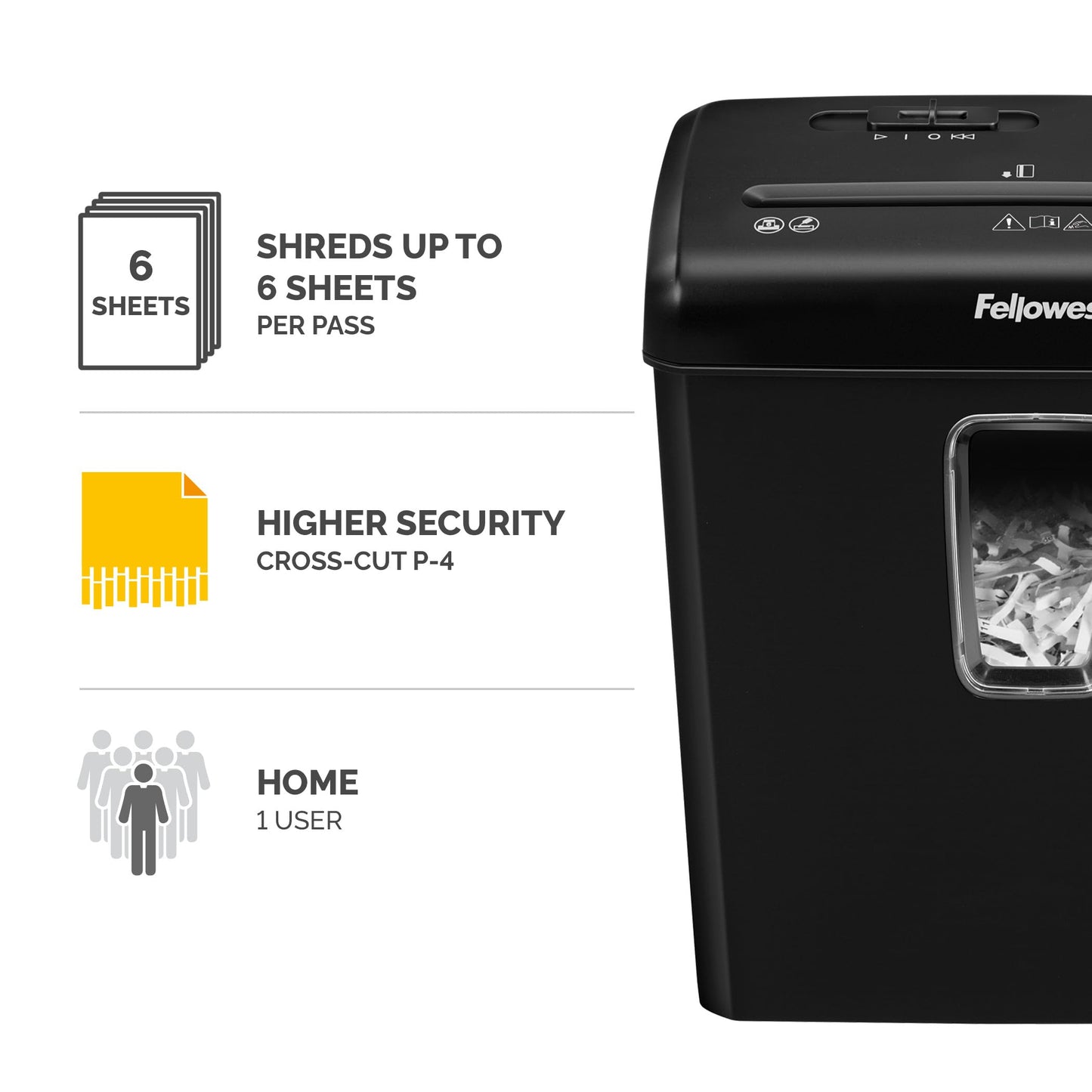 Fellowes Powershred FS-6C 6 Sheet Cross Cut Personal Shredder for Home and Office Use - 15 Litre Bin - Security Level P4 - Amazon Exclusive, Black, Standard