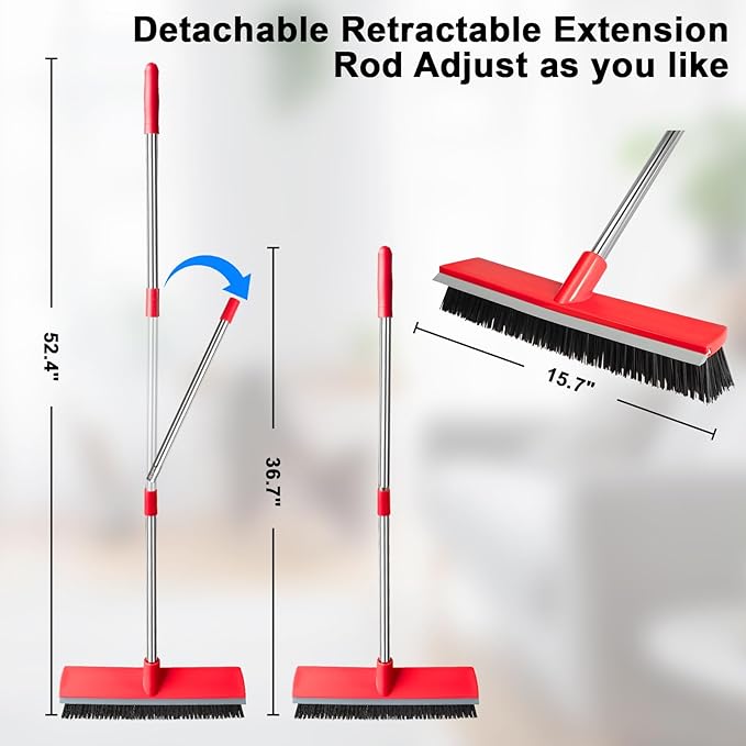 15.7 Inch Floor Scrub Brush Removable Stainless Steel Handle 2 in 1 Scrape