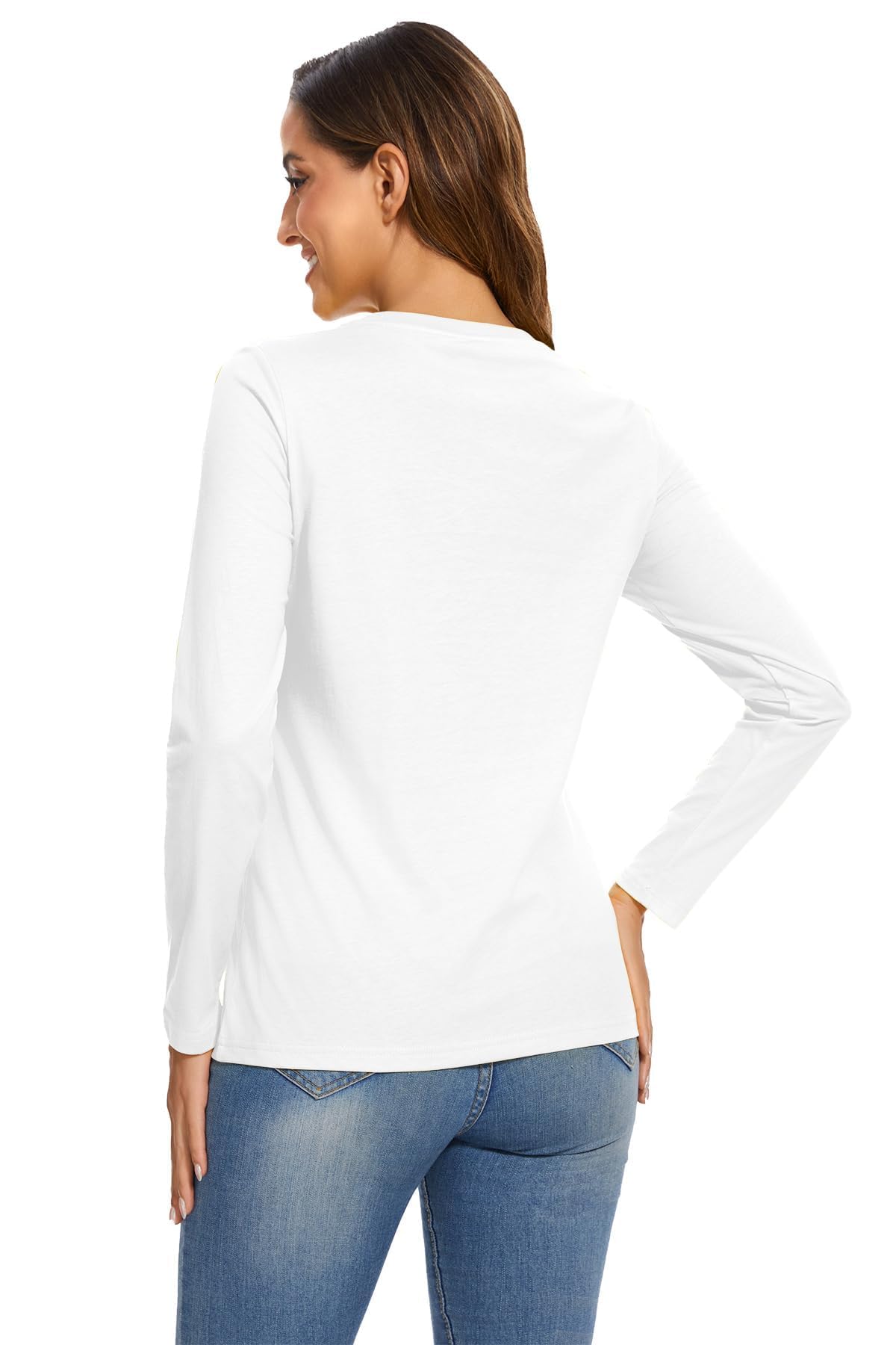 SMENG Ladies Cotton Tee Long-Sleeve Shirts Wicking Soft Crew-Neck T-Shirt Basic Solid Color Classic-Fit Shirt White L