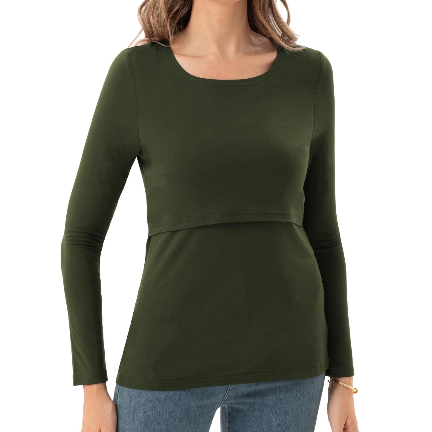 Bearsland Women's Nursing Shirt Long Sleeve Round Neck Breastfeeding Top, Black & Army Green & White Stripes, L