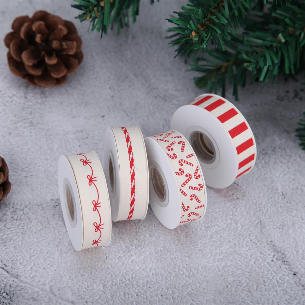 Meseey 4 Rolls 20 Yards 5/8 Inch Christmas Candy Peppermint Ribbon Red and White Stripe Cotton Ribbons for Gift Wrapping, Wreath,Tree Decoration, Outdoor Deco (Red)
