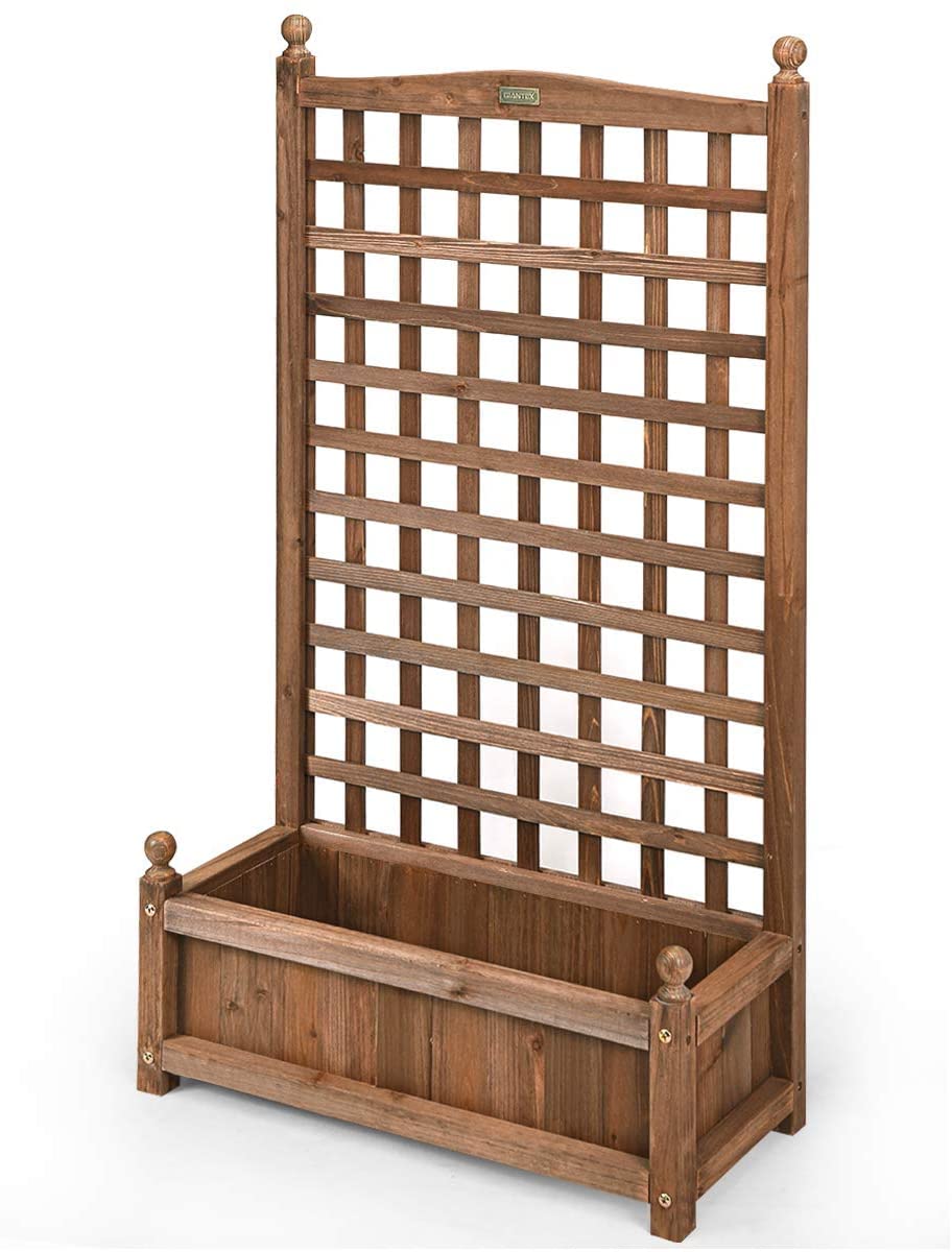 GRAFFY Wood Planter Raised Bed with Trellis, Outdoor Raised Garden Bed, Planter Box for Climbing Plants w/Drainage Holes, Free-Standing Raised Planter for Patio Garden Yard