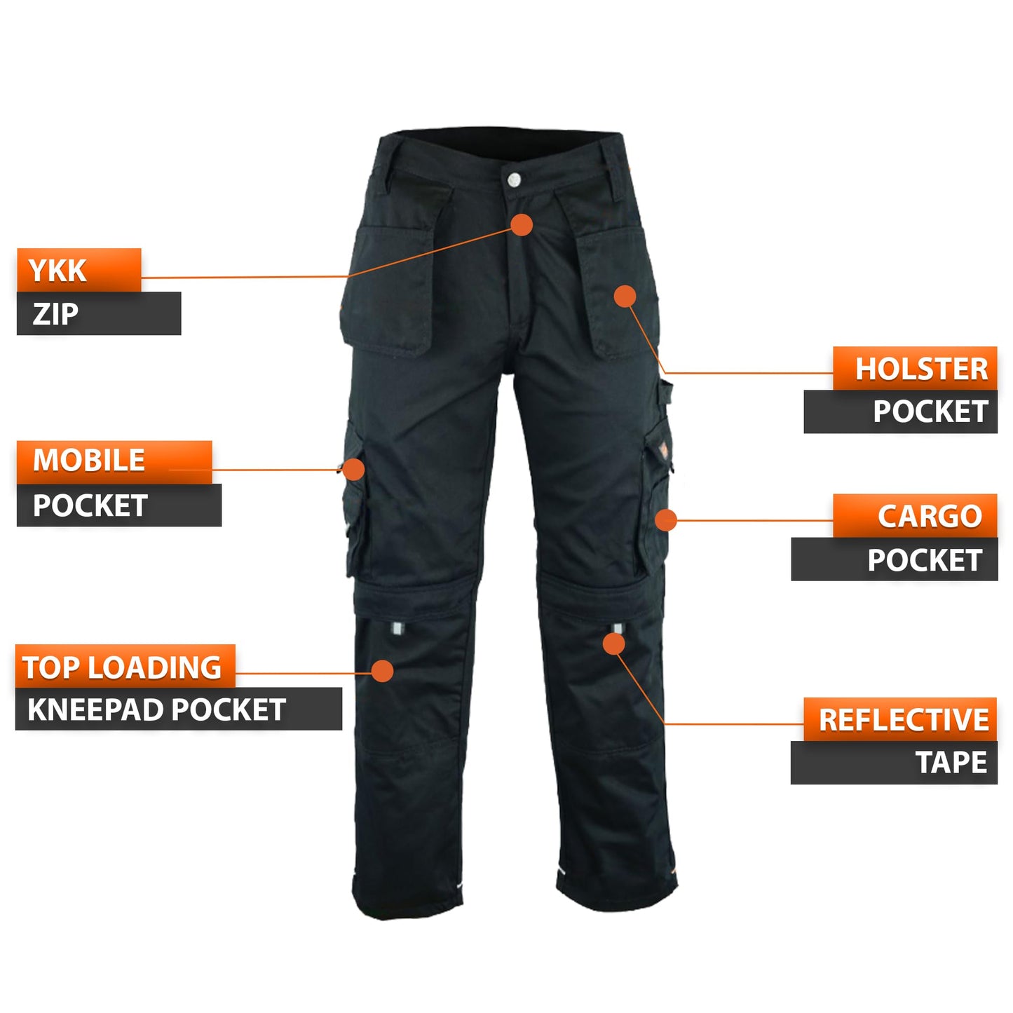 WrightFits Men Pro-11 Work Trousers Black - Heavy Duty Safety Combat Cargo Pant - Multi Pockets & Knee Pad Pockets - Triple Stitched -Durable Work wear (34W X 33L, Black)