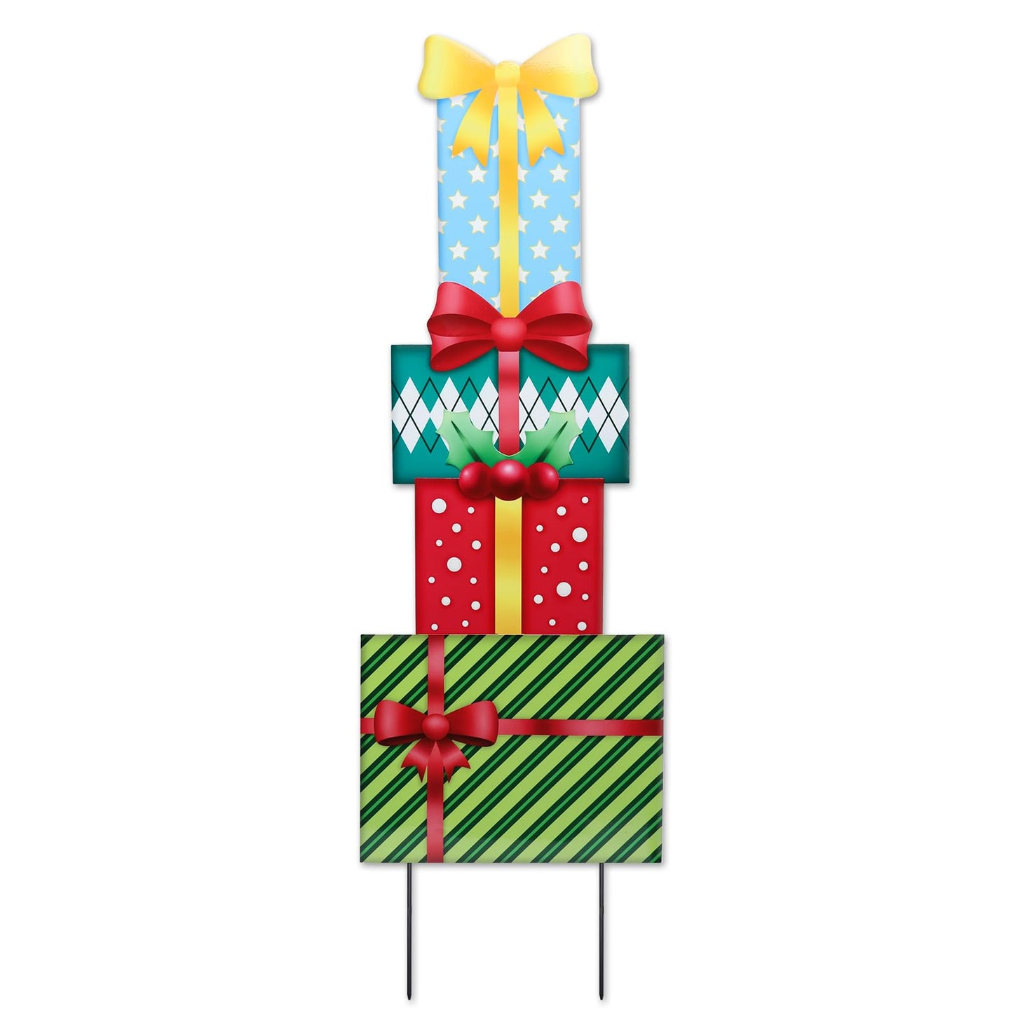 Christmas Yard Sign Decorations Outdoor Christmas Four Gift Boxes Yard Signs with Metal Stakes for Xmas Holiday Party Lawn Sign Garden Decor Outdoor Yard Signs