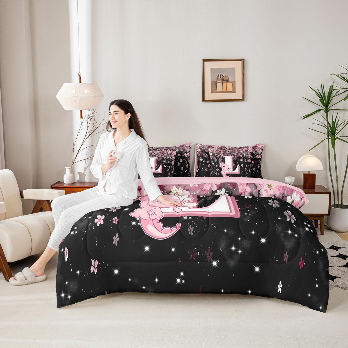 Erosebridal 7 Pieces Cute Letter Initial L Bedding Set Twin Size | Cute Axolotl Comforter Set with Sheets for Kids Girls Teens Pink and White Cherry Blossom Quilt Sets Kawaii Axolotl Bed in A Bag