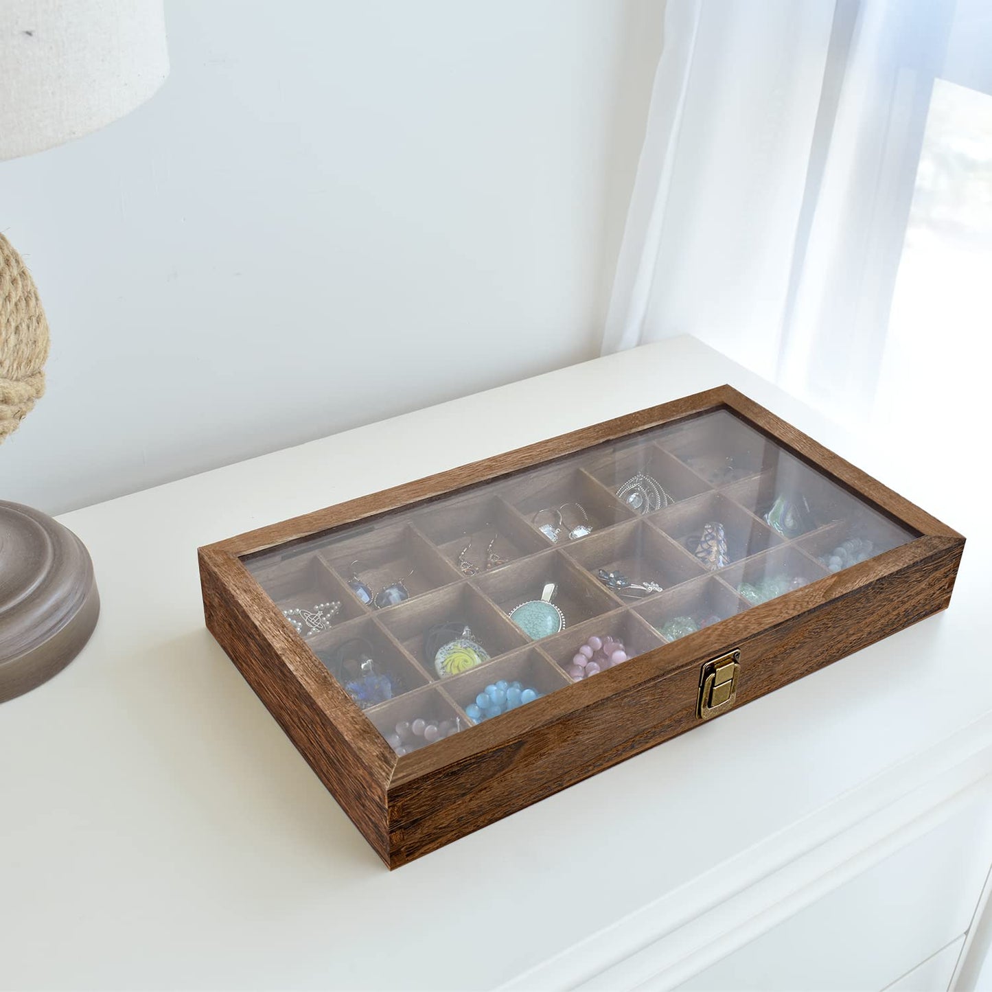 MOOCA Wooden Jewelry Display and Beads Display Storage Case with Tempered Glass Lid , 18 Compartments, 15" W x 8 3/8" L x 2 1/8" H, Brown Color