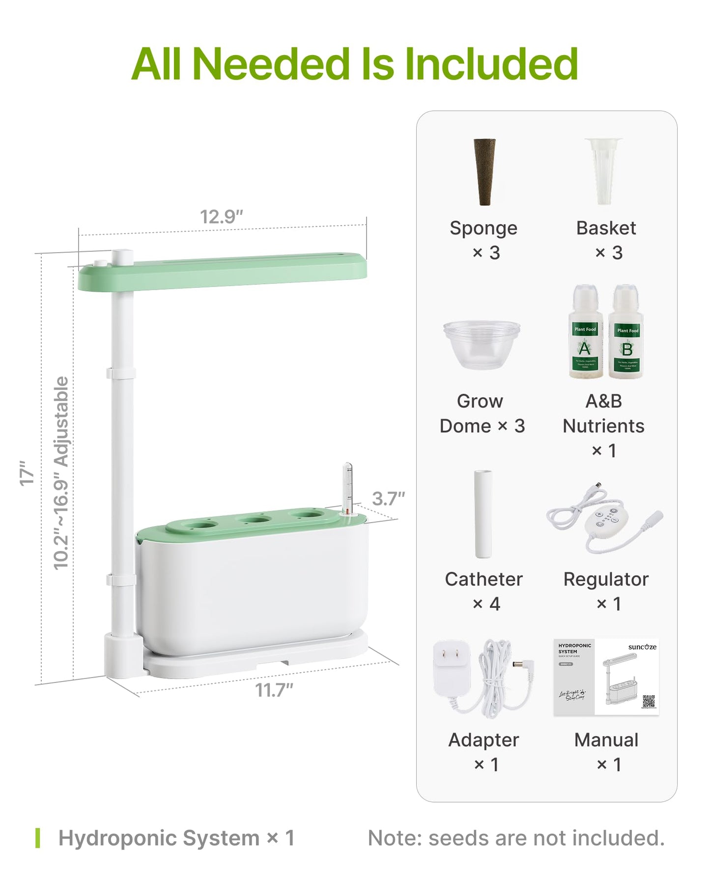 SUNCOZE Hydroponics Growing System Kit with 3 Pods – Full Spectrum LED Grow Light, Adjustable Height Indoor Herb Garden, Compact Hydroponic System for Beginners,Gardening Gifts