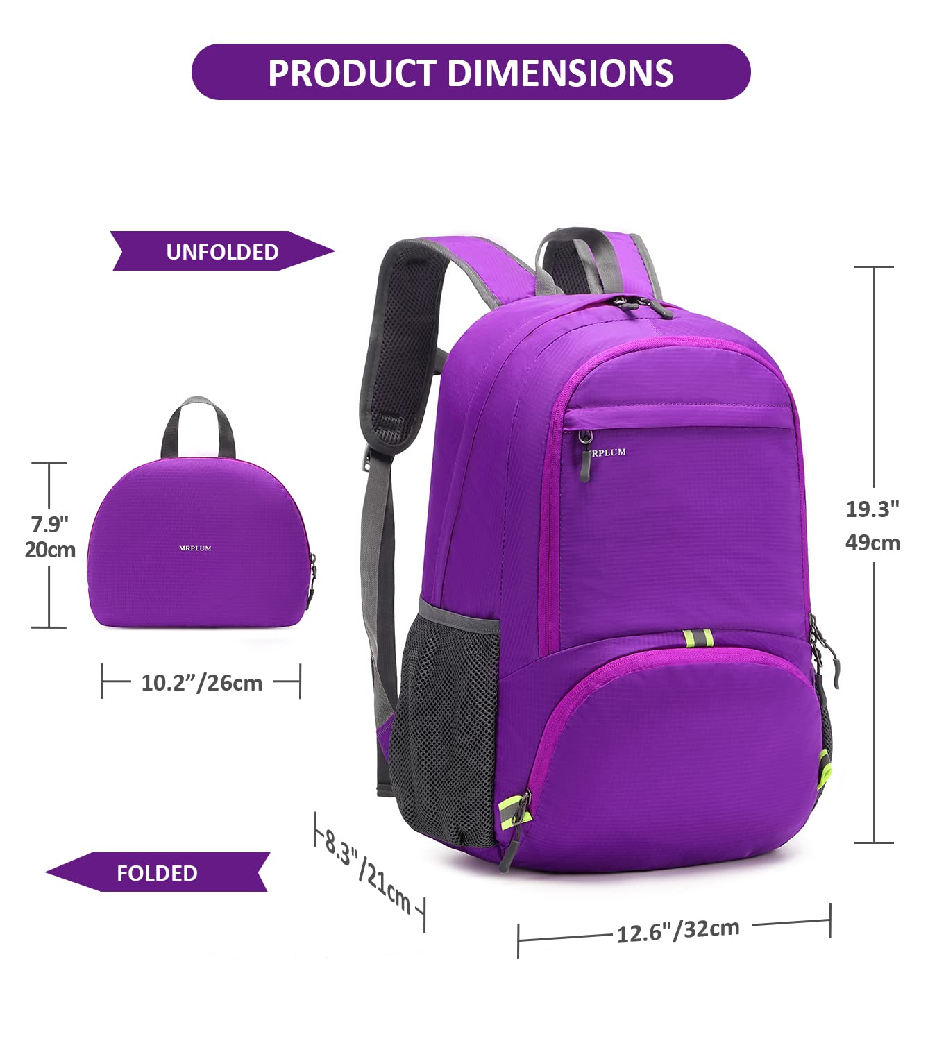 MRPLUM 30L Rucksack Foldable Ultralight Packable Backpack, Unisex Durable Handy Daypack for Travel & Outdoor Sports Durable & Waterproof (Purple)