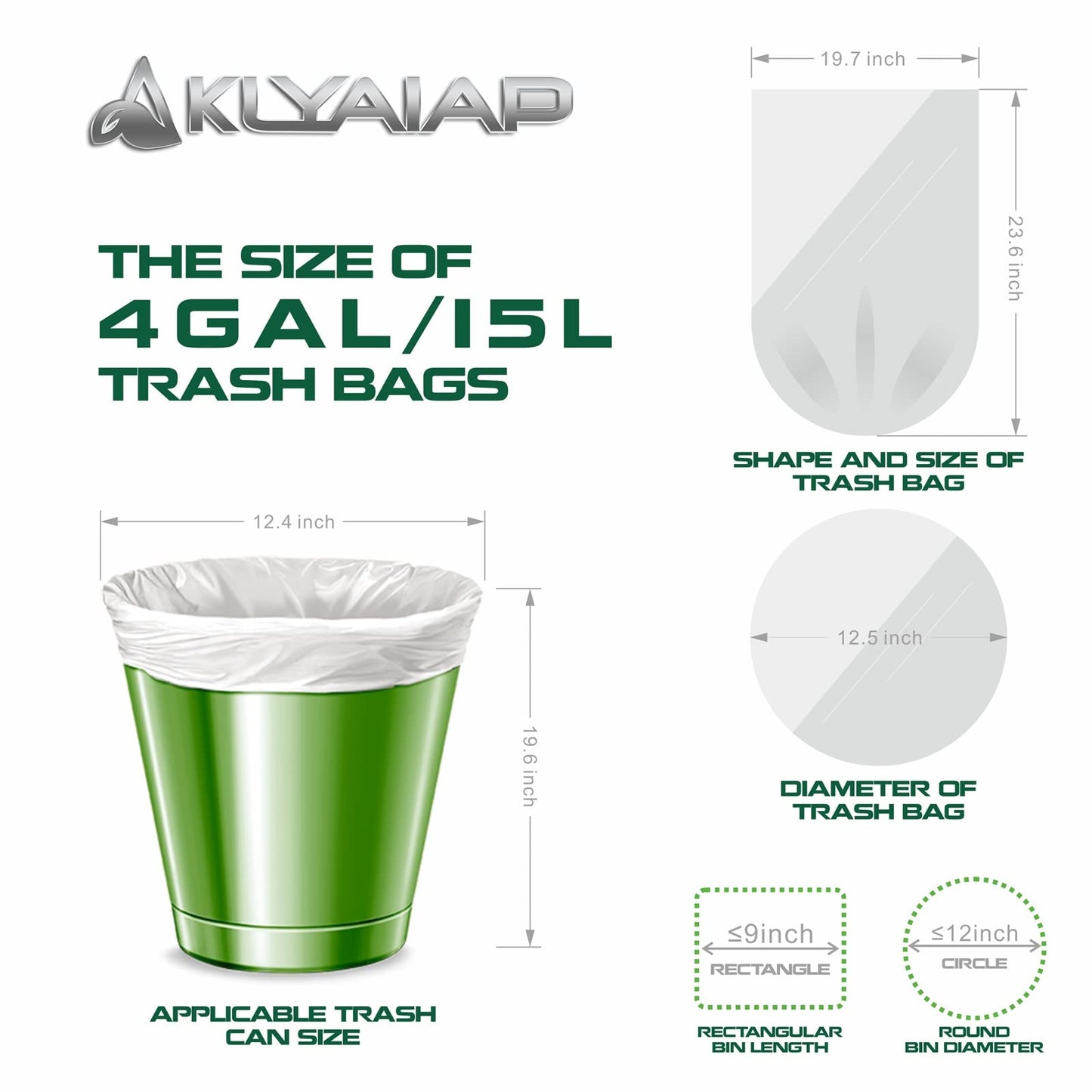 220 Counts Aklyaiap 4 Gallon Trash Bag,Tear & Leak Resistant Bathroom Biodegradable Small Garbage Can Bags Unscented for Home & Kitchen, 5Rolls, White