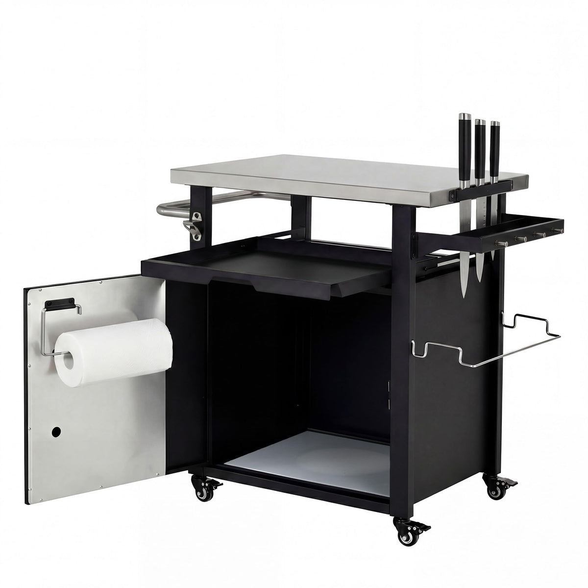 Merax 39.5" Outdoor Grill Cart with Pizza Topping Station, Grill Table Stand with Spice & Paper Rack for BBQ, Movable Food and Prep Workcart, Rolling Kitchen Island, Waterproof Cover Included, Black