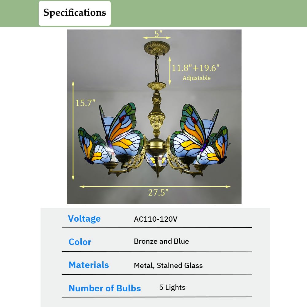 Aeyee Stained Glass Chandelier, Tiffany Style Hanging Light, Classic Blue Butterfly Pendant Light Fixture for Living Room Dining Room (5 Lights)