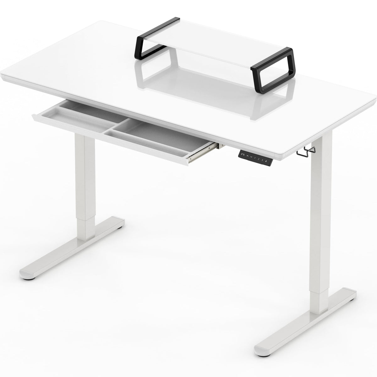 SHW 48x24 Glass Electric Height Adjustable Standing Desk – Motorized Sit Stand Desk with Monitor Riser, Pull-Out Drawer, Memory Presets, White