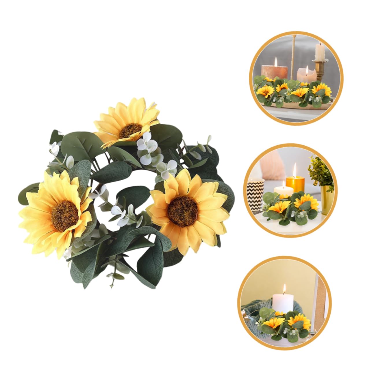 Ciieeo 2pcs Sunflower Eucalyptus Candle Wreaths for Spring Decor Lifelike Floral Centerpieces for Weddings and Home Farmhouse Style Candle Decoration