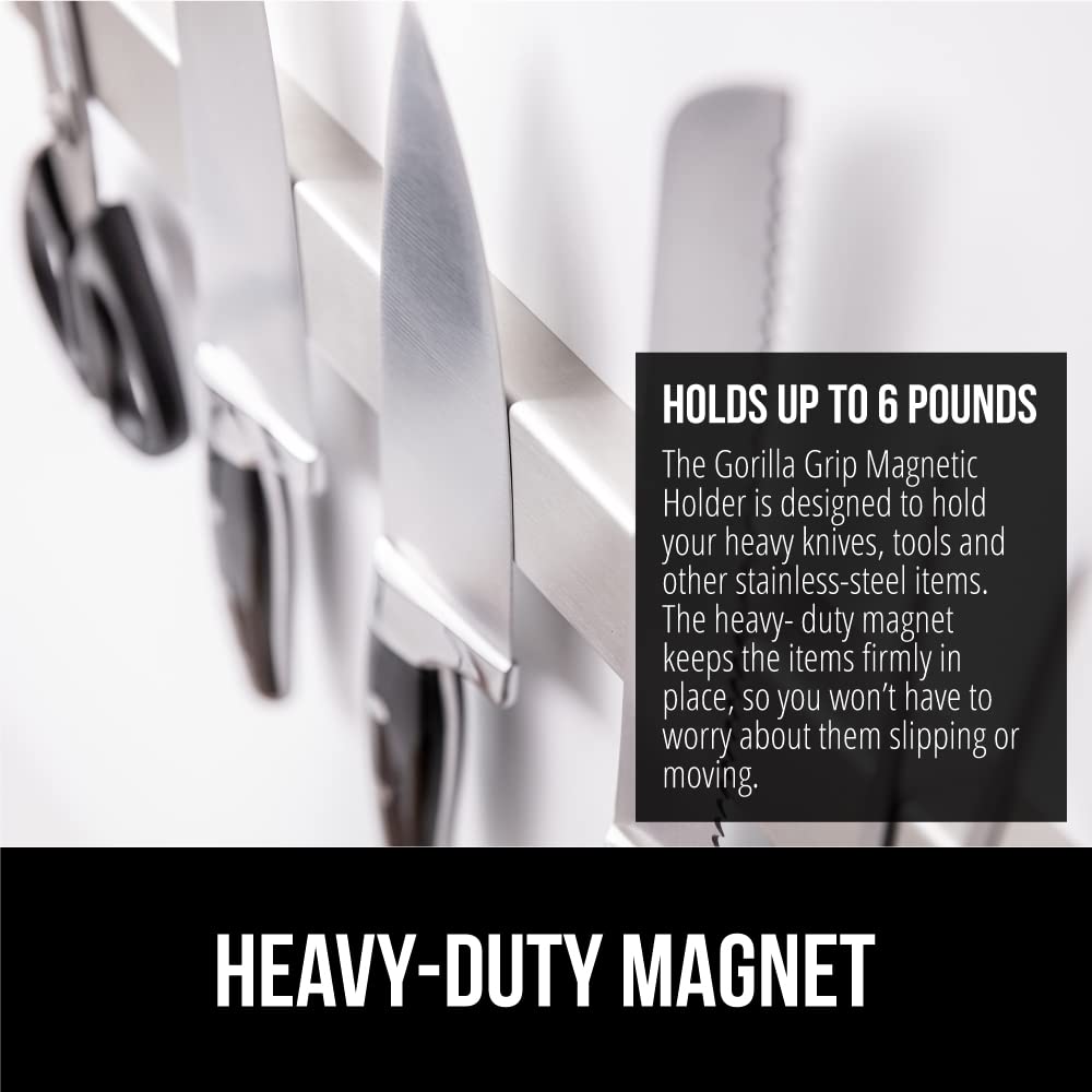 GORILLA GRIP Stainless Steel Magnetic Knife Holder for Wall, Multi-Purpose Magnet Bar for Knives, Tools, Art Supplies, Heavy Duty Strip Holds Up to 6 lbs, Kitchen Organizer, Drilling Required, 10 Inch