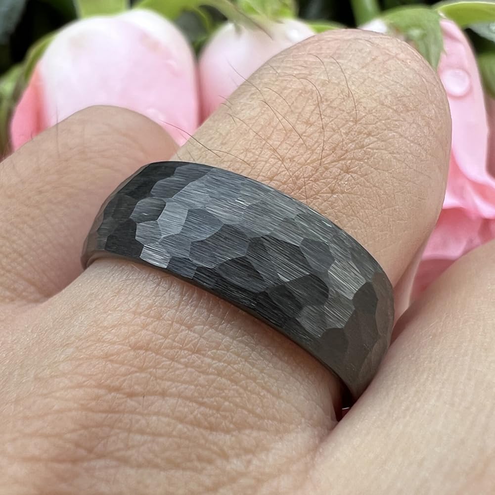 TUTISS 8mm Black Hammered Tungsten Rings for Men Women Fashion Engagement Wedding Bands Domed Matte Finish Comfort Fit Size 7
