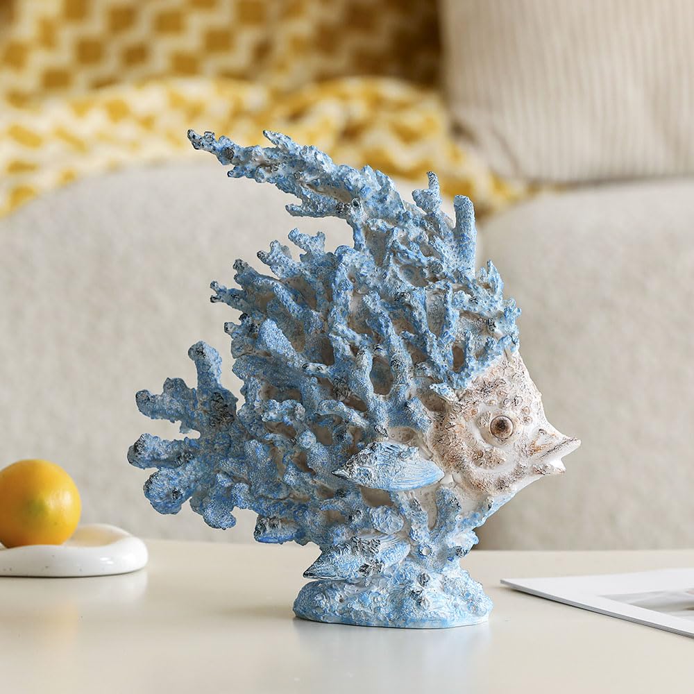 SUYNYBHF Coral Fish Figurines Beach Coastal Coral Reef Decor 9.6-inch Resin Statue Angel Fish Home Office Desktop Sculpture Bathroom Decoration Mom Gift Ornament Gift(Blue) (Blue Coral Fish)