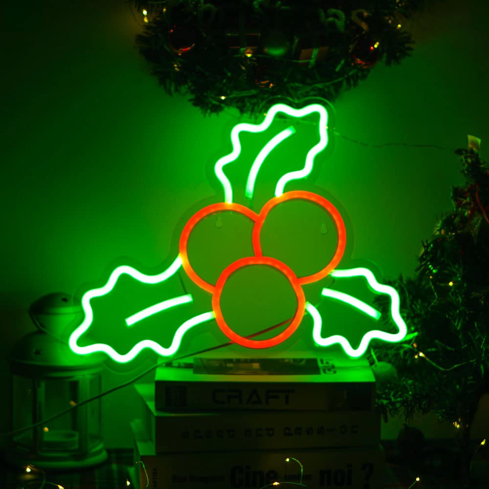 Christmas Neon Signs for Wall Decor USB Operated Neon Art Decorative Lights for Home Office Bar Pub Club Party Supplies Gift Idea (Holly)