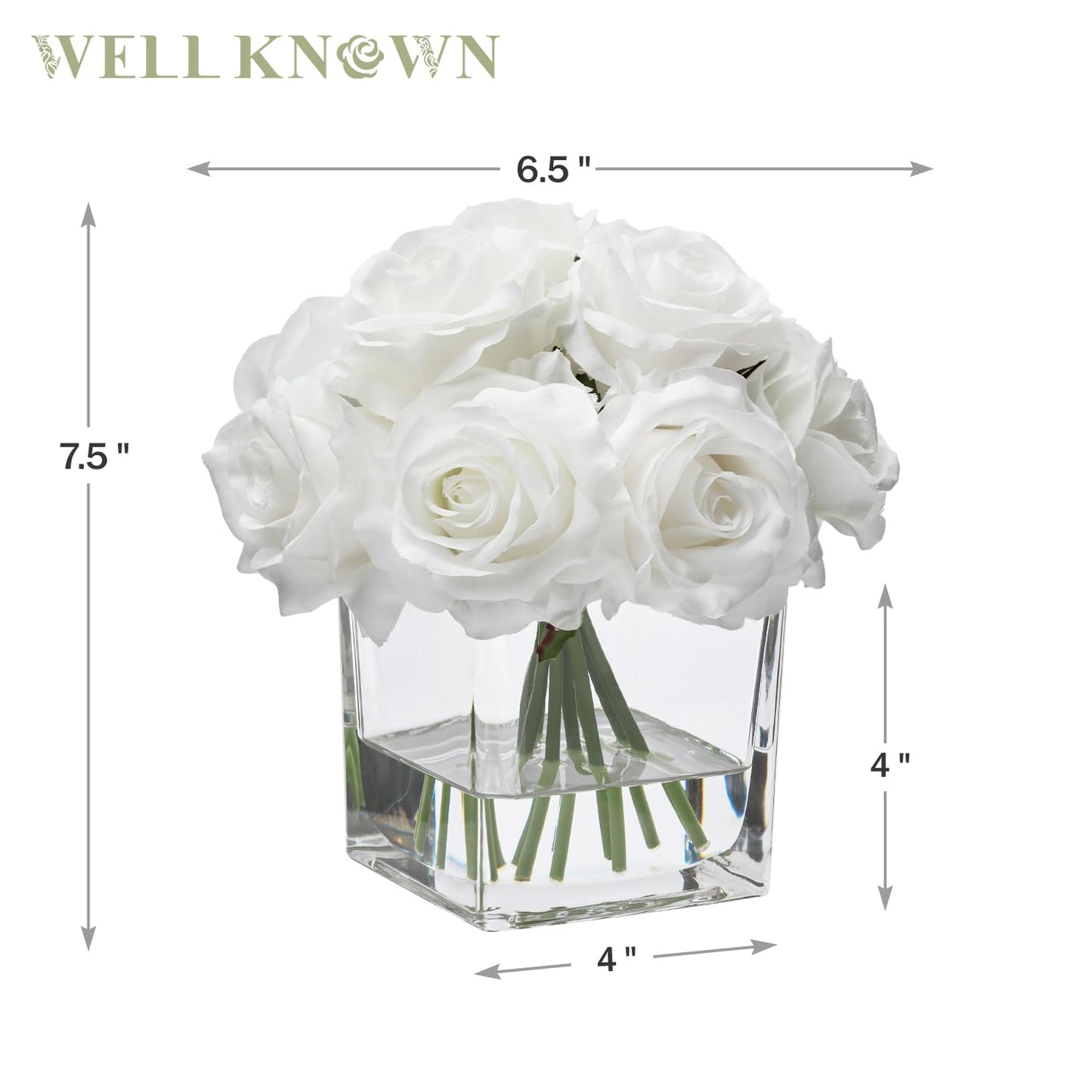 WELL KNOWN Rose Artificial Flowers in Vase with Faux Water, Ivory White Silk Rose Table Centerpieces for Home Coffee Table Decor, Fake Roses Flower Arrangements for Office Hotel Lavatory Decor