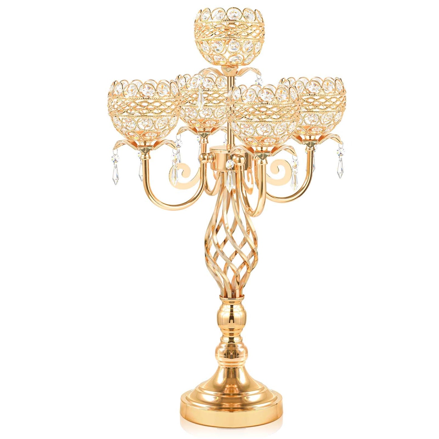 Elegant 5-Arm Candelabra Centerpiece with Crystal Pendants - 23.6 Inch Tall Table Centerpiece for Weddings, Parties, Home Decor for Mother’s Day, Holidays & Special Occasions (1, Gold)