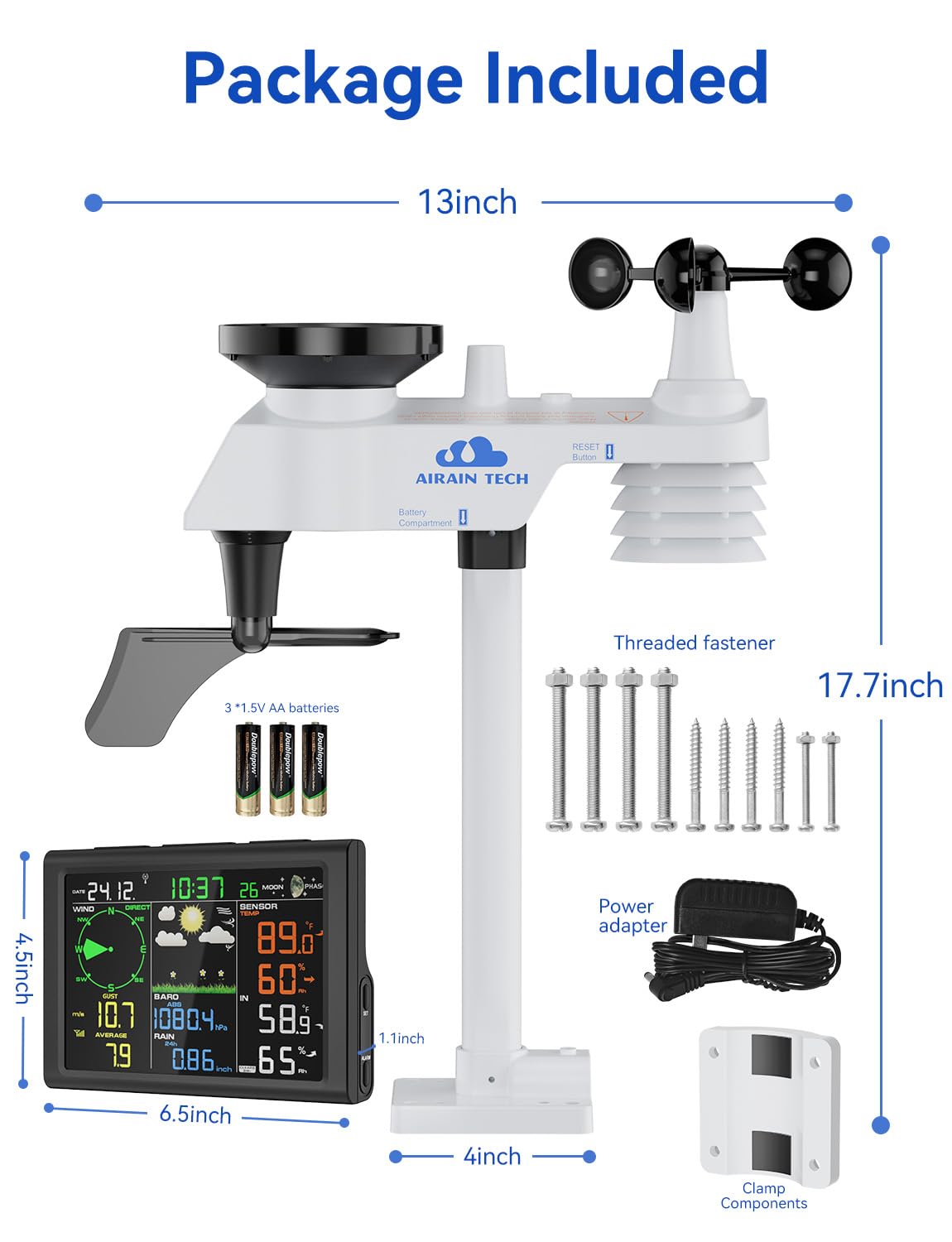 AIRAIN TECH 10-in-1 Wireless Weather Station with Dual Display, Outdoor Sensor, Rain Gauge, Atomic Clock, Wind Speed, Indoor Temp/Humidity, Barometric Pressure,etc (No WiFi)