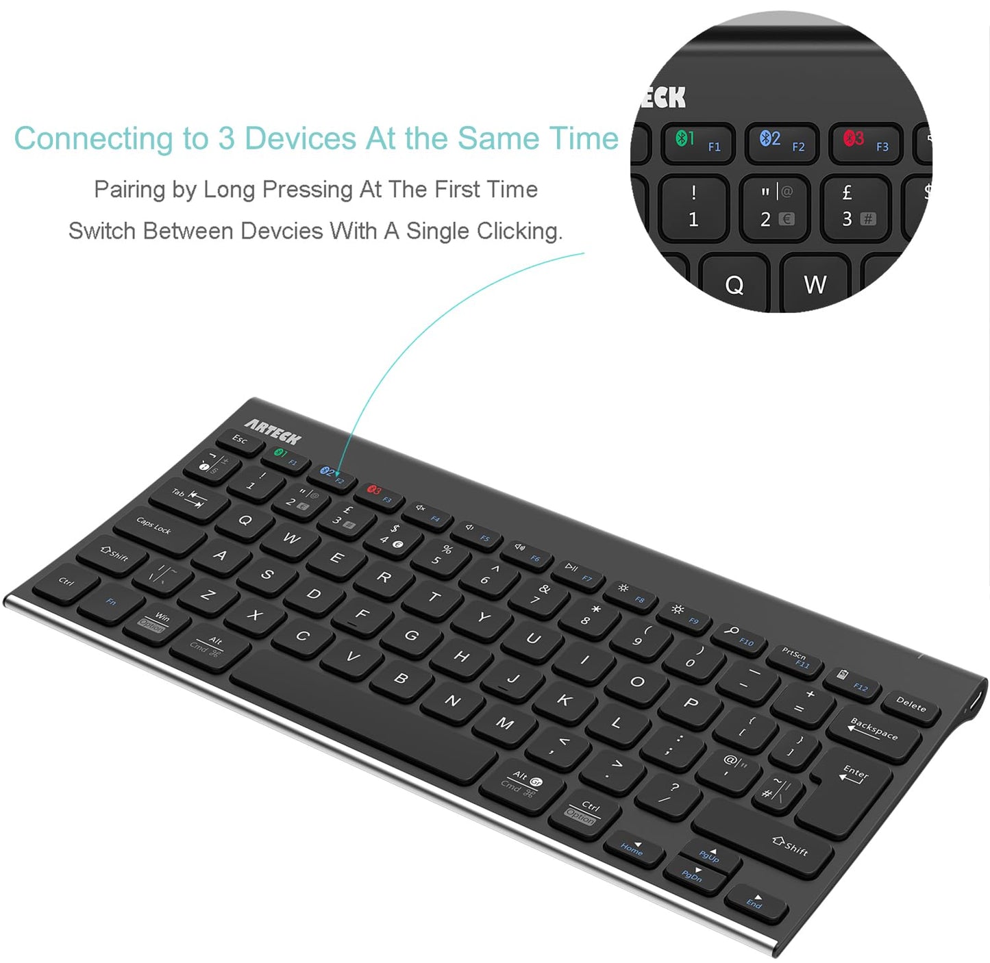 Arteck Bluetooth Keyboard, Stainless Steel Universal Portable Multi-Device Wireless Bluetooth Keyboard for iOS, Android, Windows iPad Tablet PC Smartphone