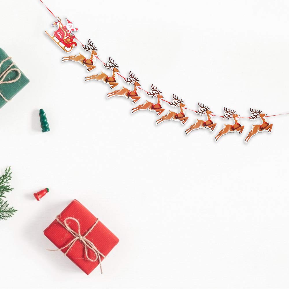 9 PCS Christmas Paper Banners Flags Santa and Reindeers Bunting Garlands for Door Wall Window Hanging Decoration Christmas Party Favor Supplies