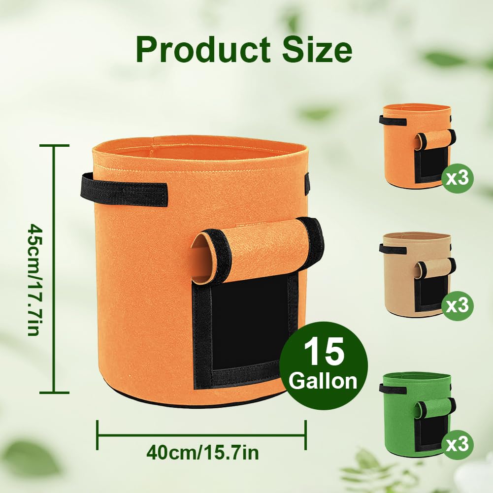 kuchisity 9 Pack 15 Gallon Potato Growing Bags, Colorful Garden Planting Bag with Handle and Harvest Window, Nonwoven Aeration Fabric Growing Bags with Flap for Tomatoes, Vegetables, and Fruits