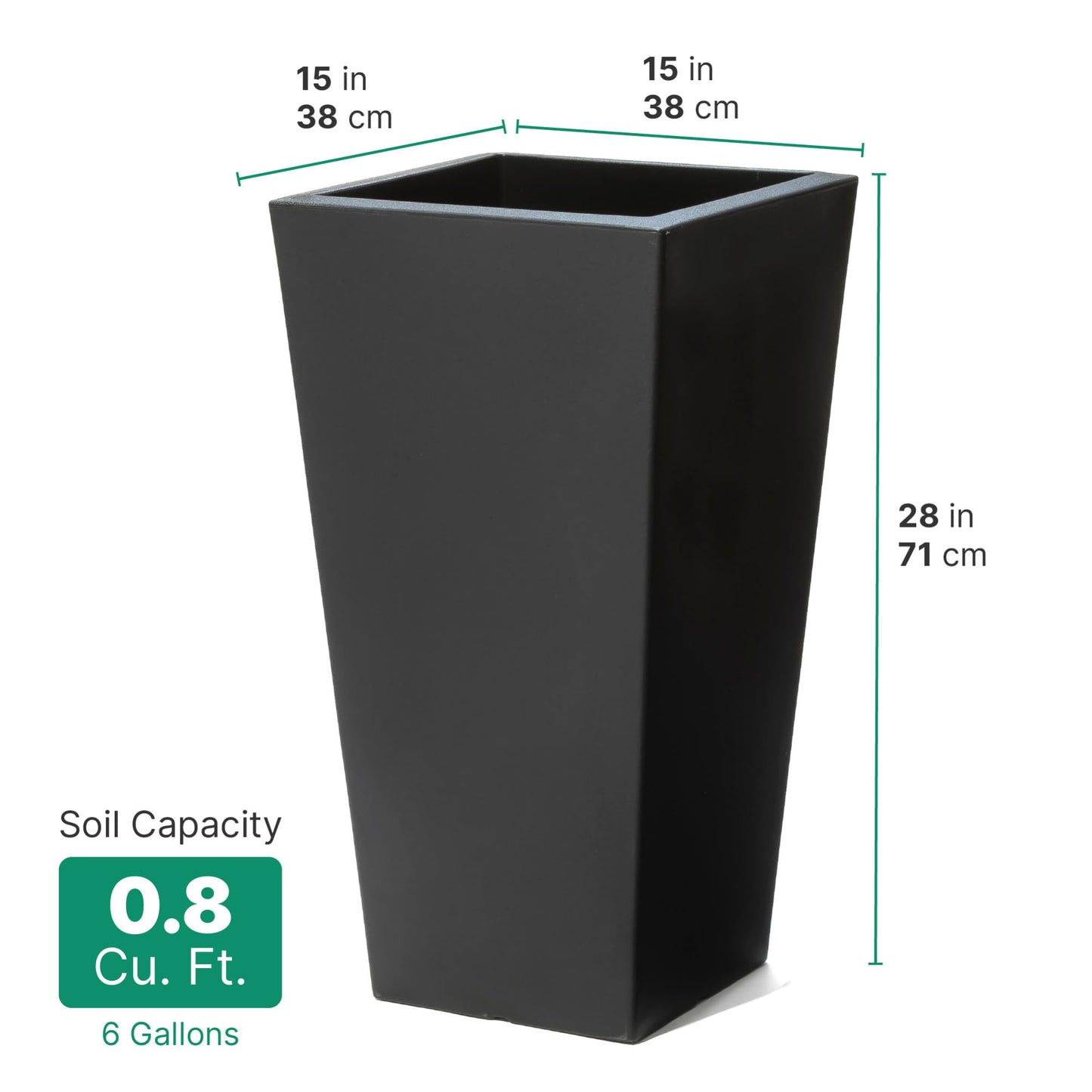 Step2 Tremont Tall Square Tapered Planter, 28", Indoor/Outdoor Plants, Efficient Drainage, Durable Resin, Onyx Black