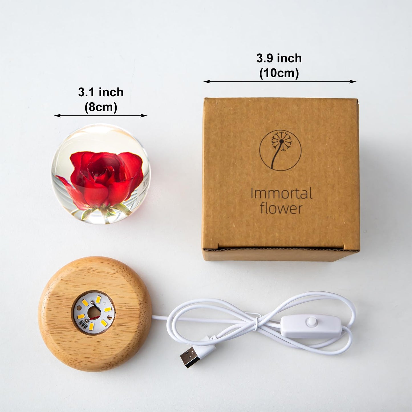 DEALFUN Real Flower Crystal Ball Night Light, Preserved Botanical Resin Sphere with Warm LED Wooden Base, Artistic Floral Lamp, Aesthetic Decor, Eternal Flower Gift for Women, Mom, Her (Rose)