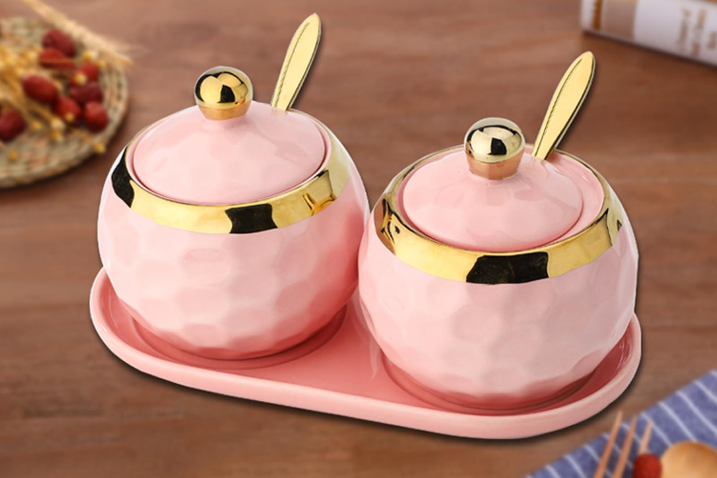 Sailench 10oz Ceramic Sugar Bowl, Golf Design Porcelain Salt Bowl Salt Container Sugar Bowl with Lid and Spoon for Home and Kitchen Coffee Bar (Pink (2pcs))