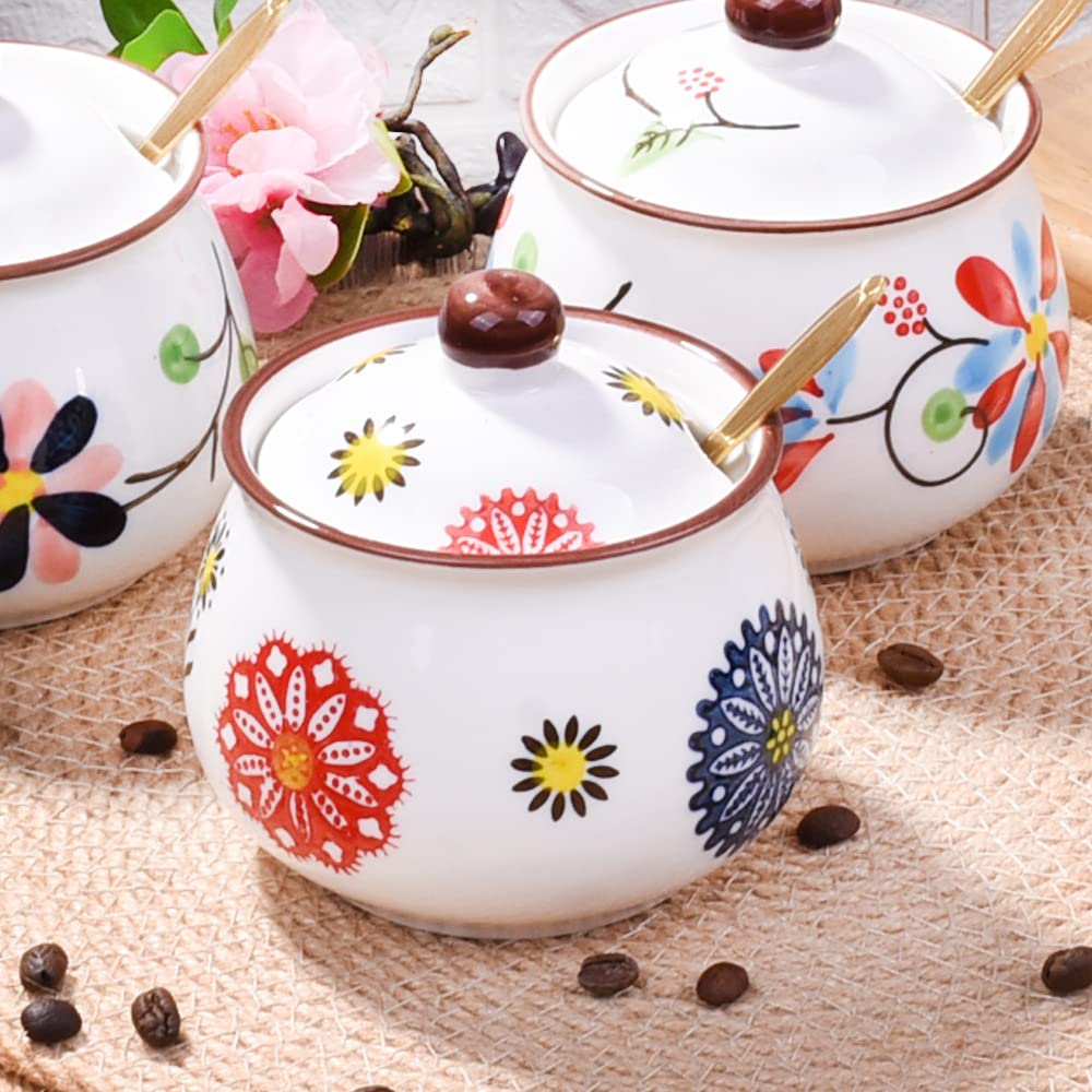 Whitenesser Ceramic Sugar Bowls with Spoons, Salt Jar Seasoning Container with Lid for Home and Kitchen (XYH)